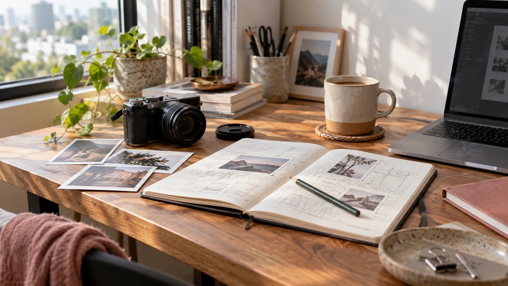 Sunlit creative workspace with a camera, an open sketchbook, photo prints, and a laptop on a wooden desk.