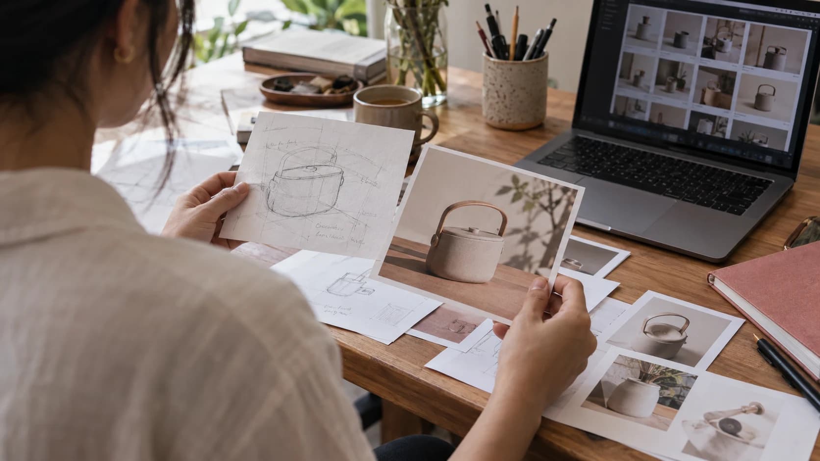A designer comparing a product sketch with a finished photograph, with a photo contact sheet on a laptop nearby.