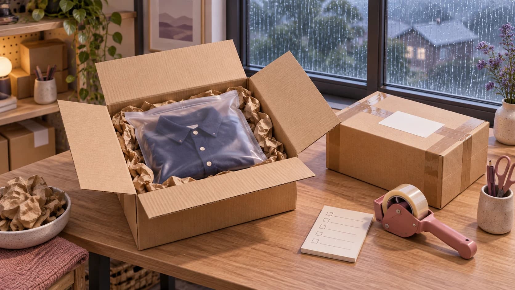 Illustration of a shirt in a sealed protective bag inside a cushioned box on a dry packing bench, with a sealed parcel and rain outside the window.